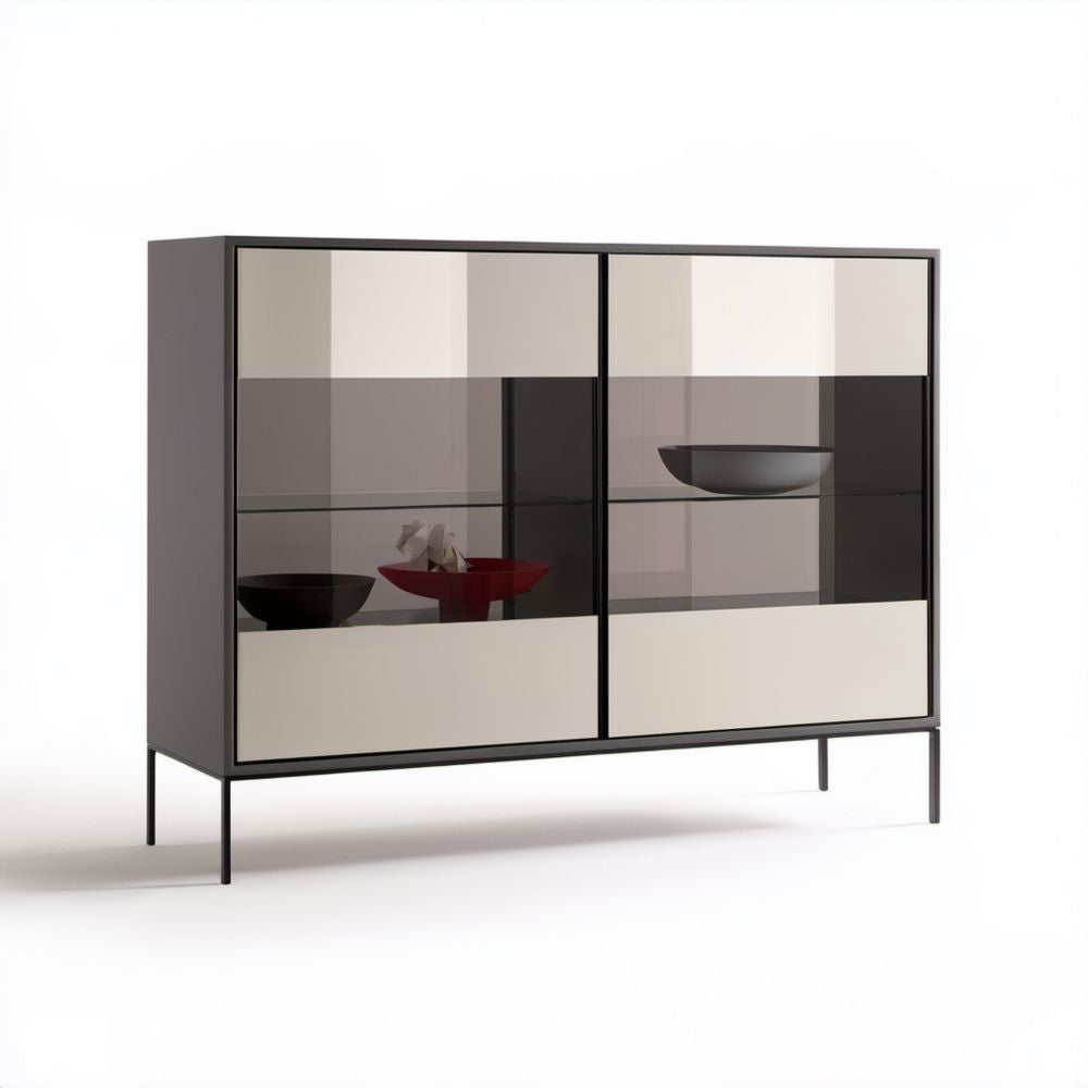 Dwudrzwiowy kredens z płyty MDF i szkła beżowo-czarny 160 × 45 × 130 cm