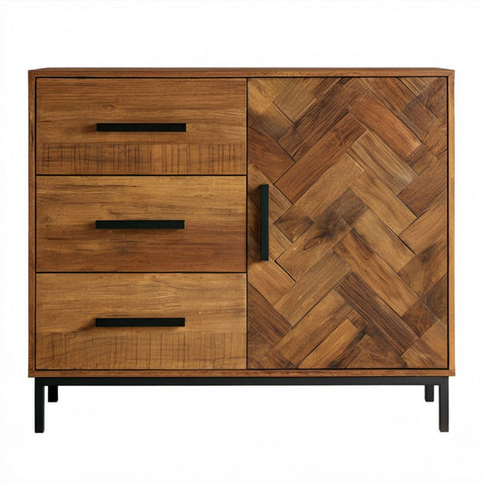 Brązowy kredens z litego drewna mango 100 × 40 × 110 cm, 3 szuflady i 1 drzwi
