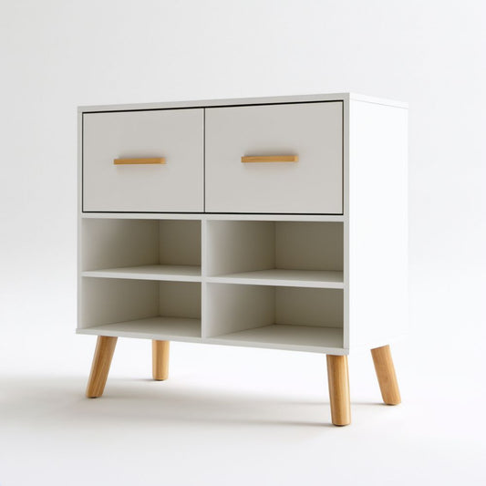 Biała drewniana szafka na buty z 2 drzwiami i 4 otwartymi wnękami 80 × 35 × 105 cm
